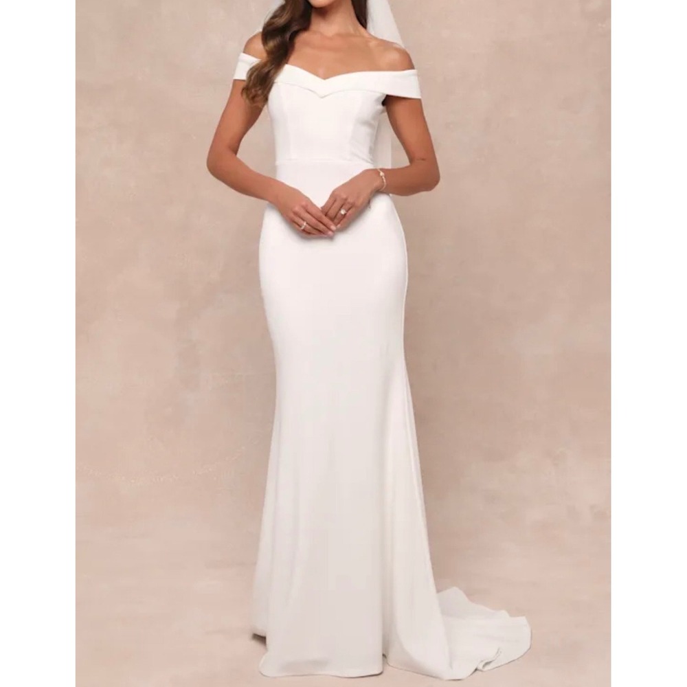 Lulus Arienne White Off the Shoulder Mermaid Maxi Wedding Dress NWT Size L